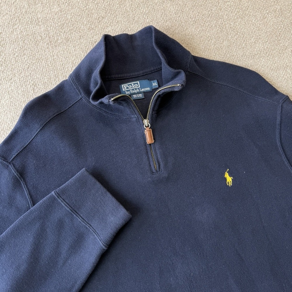 Vintage Polo Ralph Lauren 1/4 Zip Men's Navy Sweater XL Pullover Yellow Pony